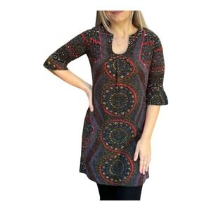 24seven Comfort Apparel Tunic Dress Mandala Print 3/4 Sleeve‎ Women Size XL
